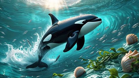 Orca breaching vibrant ocean surface among fish and shells