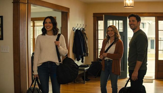 Smiling friends arriving with duffel bags in bright home entryway for weekend reunion together