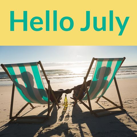 couple relaxing in deck chairs on sunny beach july greeting - Download Free Stock Templates Pikwizard.com