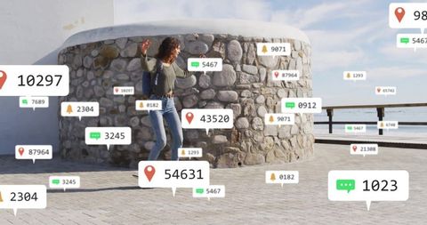 Woman Skating on Ocean Promenade with Floating Notifications