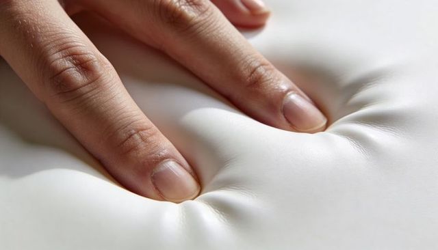 Pressing fingers creating deep indentations in white memory foam cushion