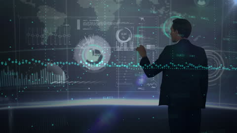Businessman Analyzing Digital Interface with Interactive Charts