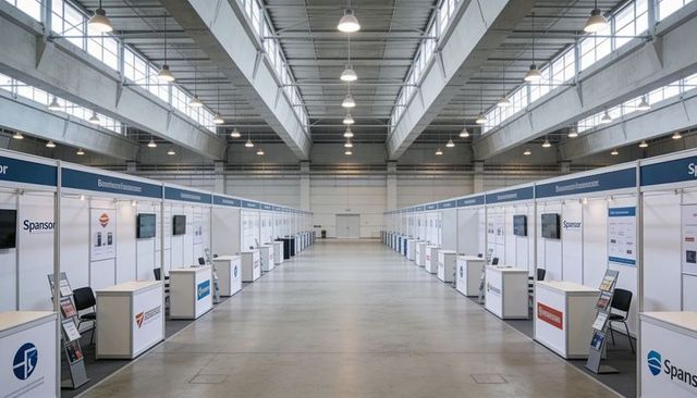 Symmetrical empty exhibition hall with central aisle and modular booths under skylights