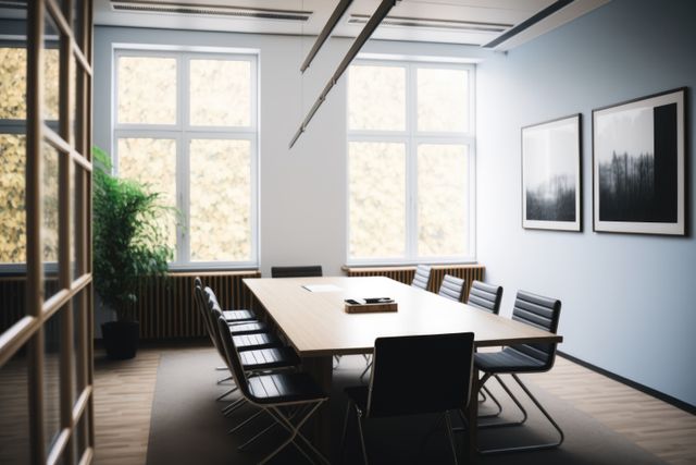 Interior of meeting room with windows, table and chairs, created using generative ai technology. Business and meeting room concept digitally generated image.