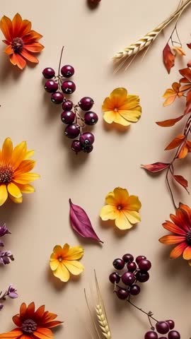 Autumn florals and berries sliding into place on beige surface, wheat and daisies arranging