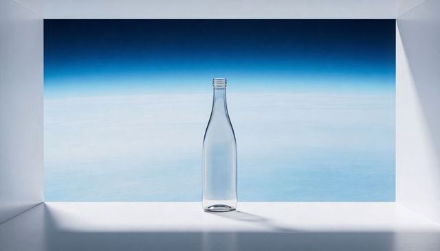 Clear glass bottle standing in minimal white niche with blue gradient and angular shadows