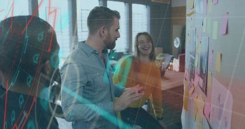 Team Collaboration in Modern Business Office with Digital Data Overlay