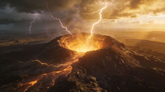 Volcanic crater erupting with lightning strikes, molten lava flowing through fissures at sunset