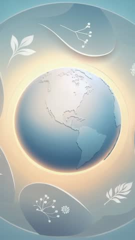 Rotating globe with halo and drifting botanical panels for sustainability vertical video