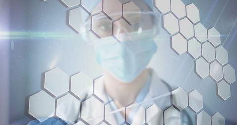 Futuristic healthcare concept with doctor in clinical lab using hexagonal panels