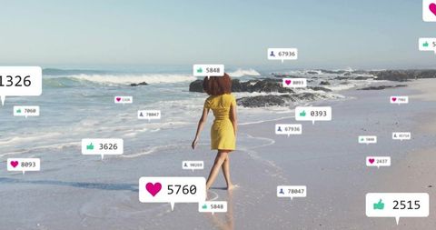 Woman in Yellow Dress at Beach with Social Media Notifications