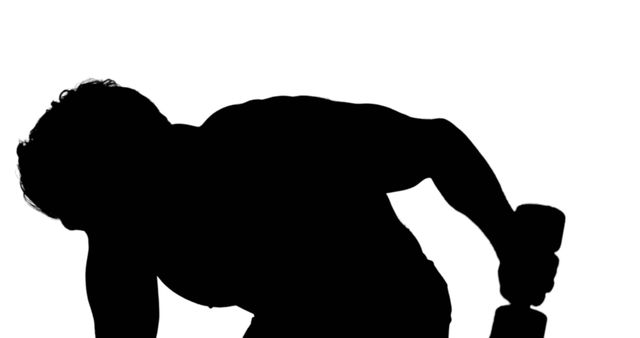 Silhouette of a person seen from the side, lifting a dumbbell. Perfect for illustrating fitness and health articles, workout programs, or gym promotions. The silhouette effect creates a dramatic and motivational feel, highlighting the effort and strength involved in strength training.