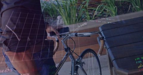 Man Holding Urban Bicycle with Overlaying Digital Charts Outdoors