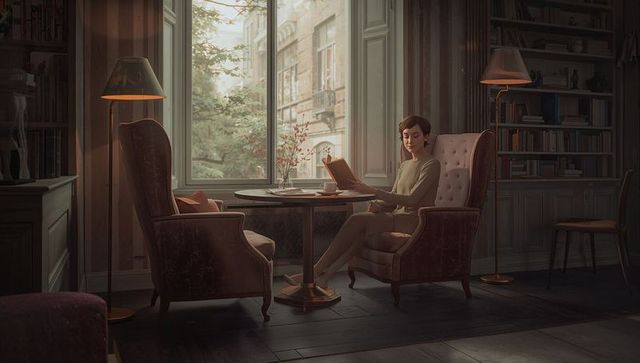 Cozy urban reading nook with woman reading by window in warm intimate living room