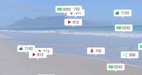 Floating digital engagement icons over serene beach