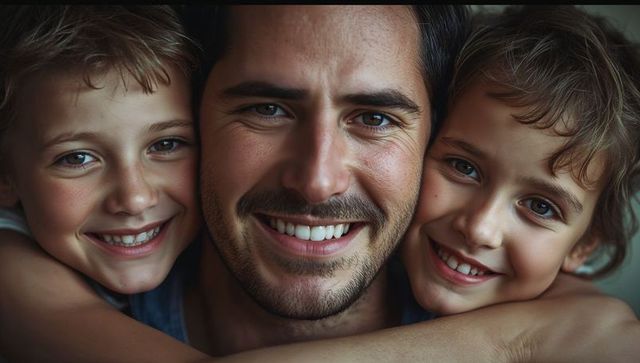 Smiling Father with Children Embracing in Warm Family Moment