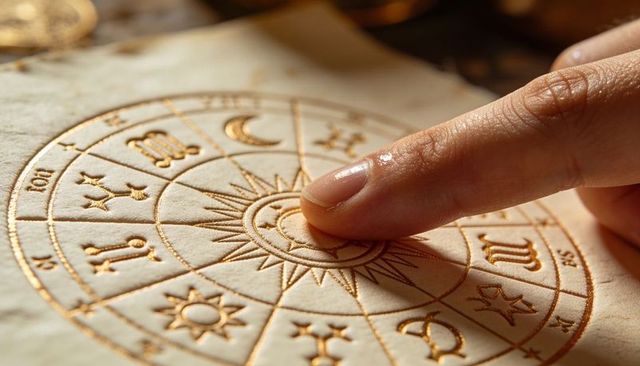 Finger pressing gold-foil embossed zodiac wheel on parchment for astrology reading