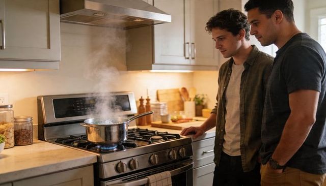 Two men monitoring steaming pot on gas stove in cozy modern home kitchen preparing meal