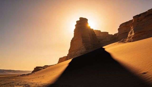 Backlit sandstone spire casting dramatic shadow across rippled desert dune at golden hour