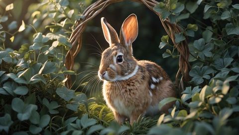 Brown cottontail rabbit among heart-shaped leaves in rustic forest setting