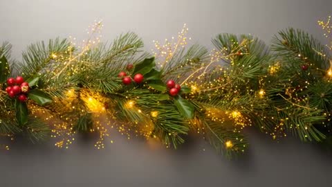 Slow panning over sparkling pine garland with warm golden lights and red holly berries