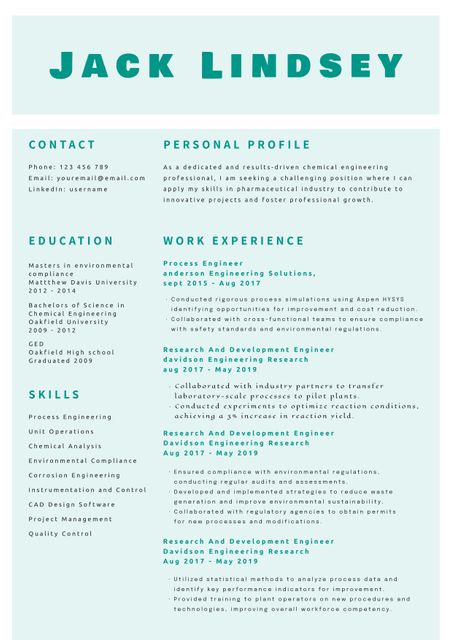 This resume template is designed for chemical engineers or other technical professionals seeking a new job or academic position. It features a clear layout to prominently display work experience, education, skills, and contact details. Suitable for experienced professionals aiming to highlight their achievements and qualifications efficiently. Can be used for job applications, career advancement, or academic pursuits where professional presentation and detailed information are crucial.