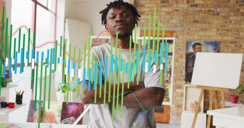 Confident Businessman Analyzing Dynamic Financial Data Trends