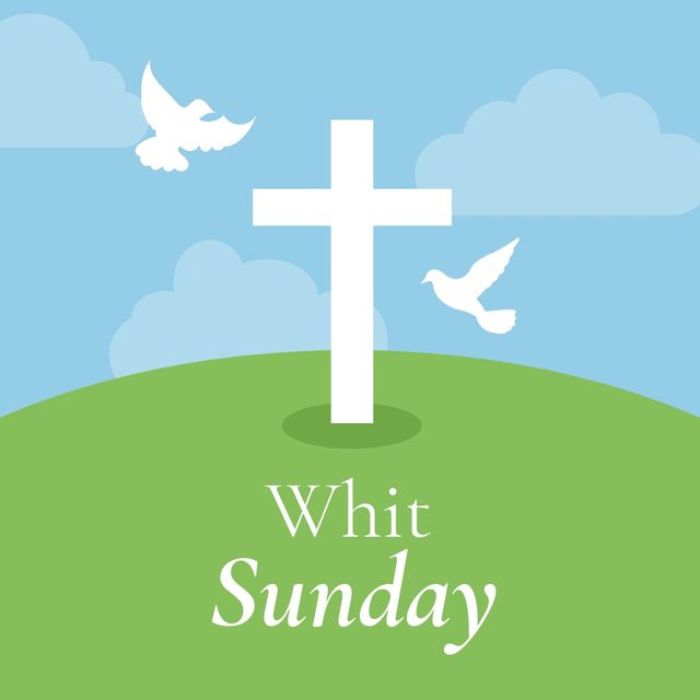 Digitally generated image of white cross and doves with whit sunday text against blue sky. digital composite, symbolism, and religion concept.