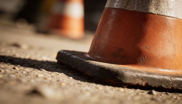 Closeup weathered traffic cone base showing scuffed rubber, reflective band, pavement