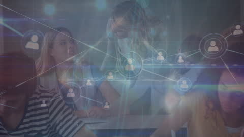 Caucasian Teacher and Diverse Students with Digital Data Interface