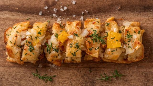 Cheesy pull-apart bread oozing melted cheese with herbs, sea salt and caramelized onions