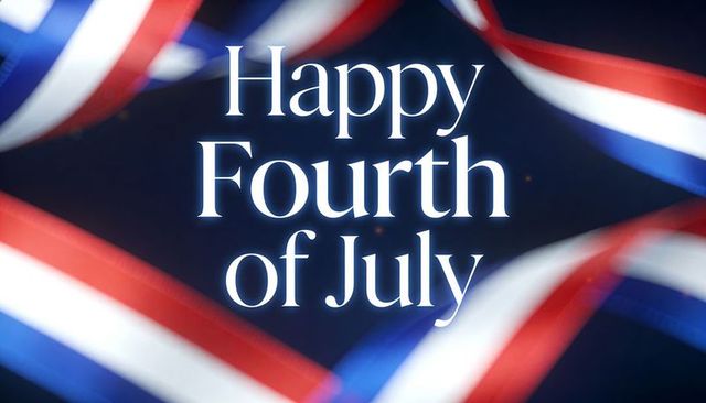Happy fourth of july patriotic banner with flowing red white blue ribbons and glowing serif text