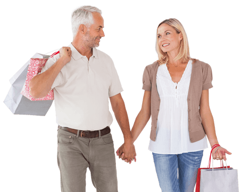 Happy older caucasian couple with shopping bags on transparent background