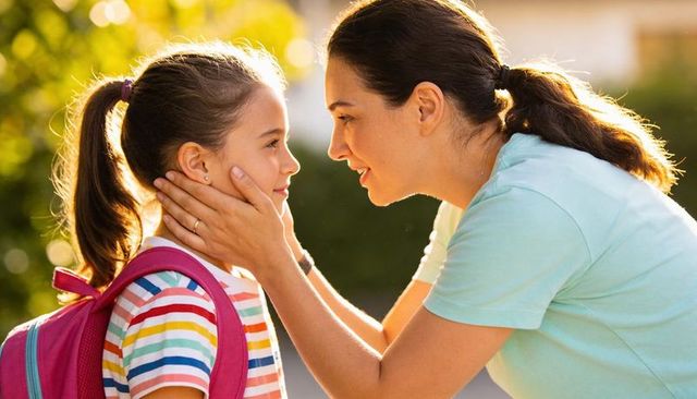 Mother comforting daughter before school with gentle touch and warm golden backlight