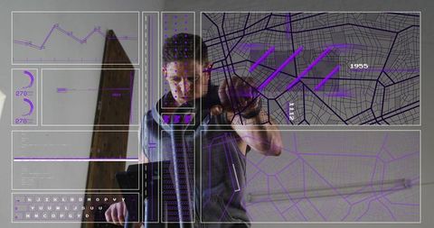 Man training with hud overlays punching heavy bag in garage gym augmented data interface