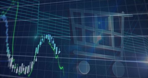 Holographic ecommerce cart hovering over financial data grid with candlestick analytics
