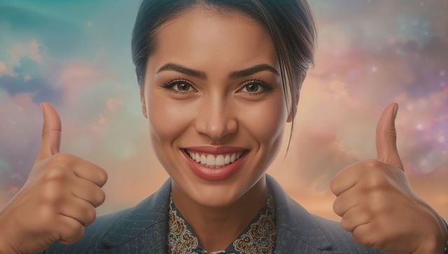 Confident Businesswoman Giving Thumbs-Up on Colorful Background