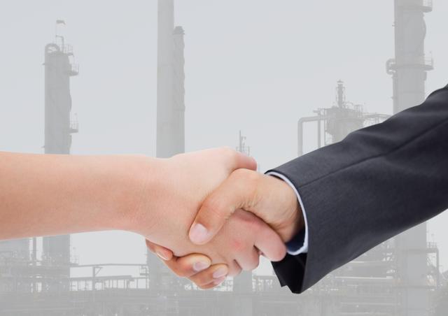 Business executives shaking hands symbolizes a successful deal or partnership. Industrial factory background adds context of industry and commerce, making it perfect for use in economic reports, corporate presentations, business articles, and marketing materials highlighting collaboration and success in industrial sectors.
