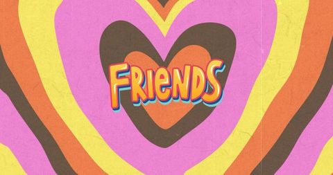 Retro 1970s pop art heart with colorful concentric bands and friends groovy typography