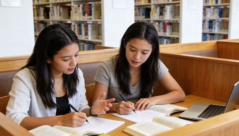 Two Asian students studying together in library taking notes and collaborating on coursework