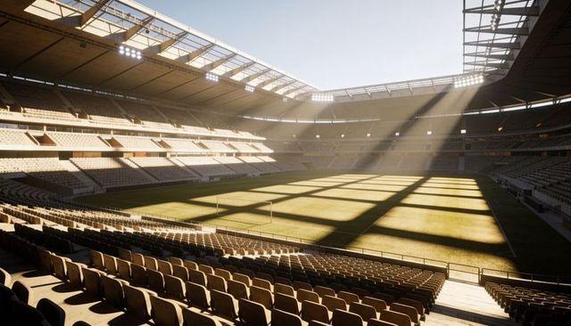 Empty stadium bathed in golden-hour light with dramatic grid shadows over football pitch