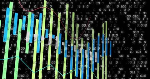 Colorful 3d bar and line graph with binary code background