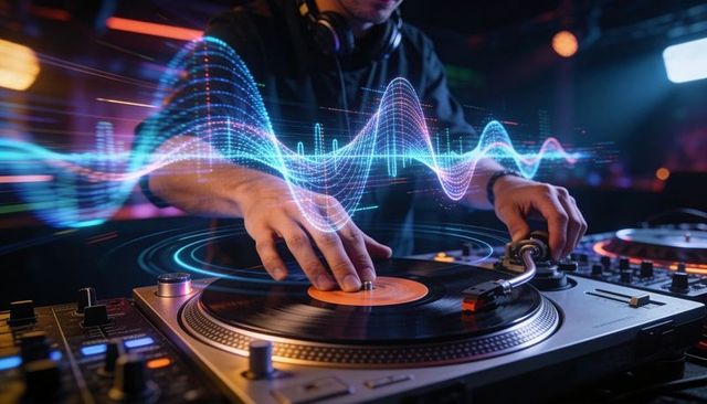 Dj scratching vinyl with neon waveform visuals mixing live club beats and turntable energy