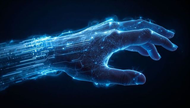 Futuristic holographic hand composed of neon circuit mesh and flowing data streams
