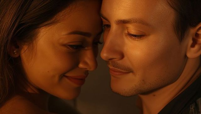 Couple sharing intimate close-up in warm golden light, romantic portrait