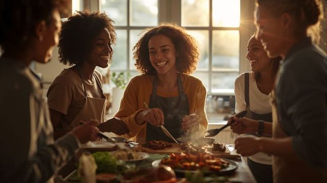 Sunlit friends preparing meal on kitchen island - group cooking, laughter, cozy home