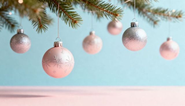 Pastel pink christmas ornaments hanging from fir branch with silver glitter accents