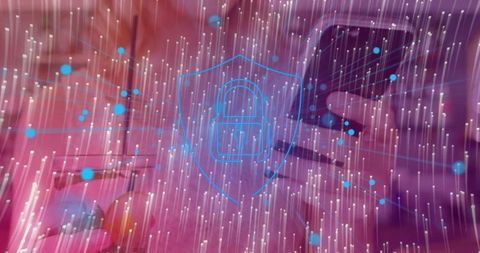 Shield with Padlock Protecting Office Data in Futuristic Digital World