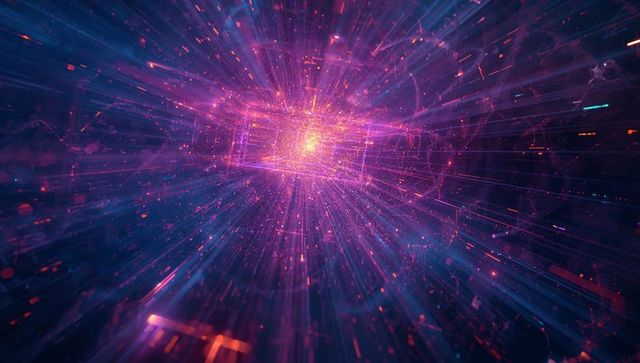 Futuristic Neon Virtual Core with Radiant Beams in Digital Space