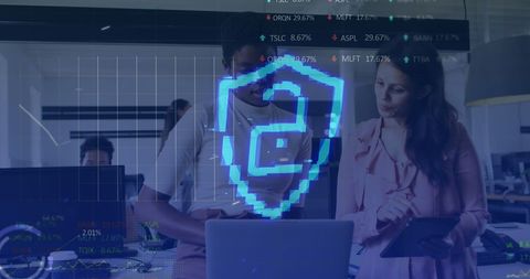 Smart Business Team Analyzing Cybersecurity Data with Digital Overlay